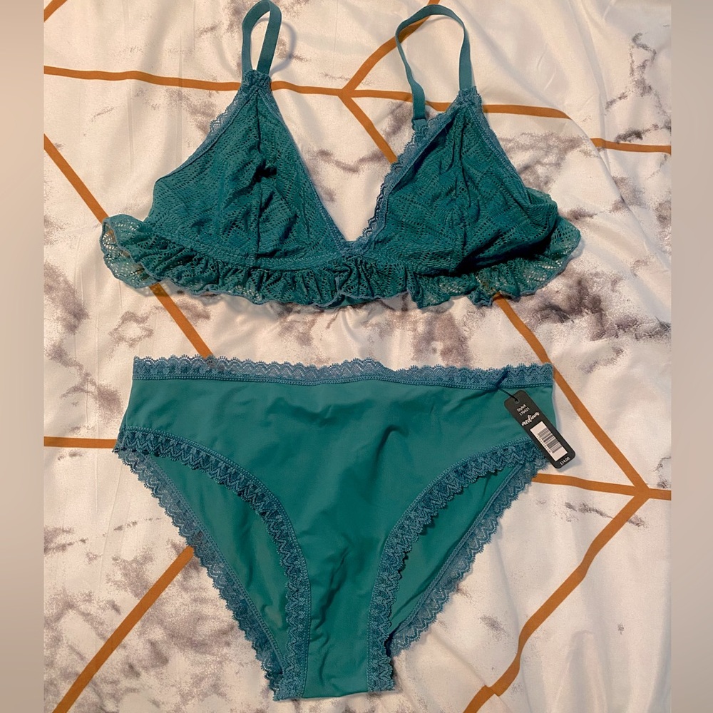 BootayBag teal lingerie set. Bralette size medium, bikini panties size medium.